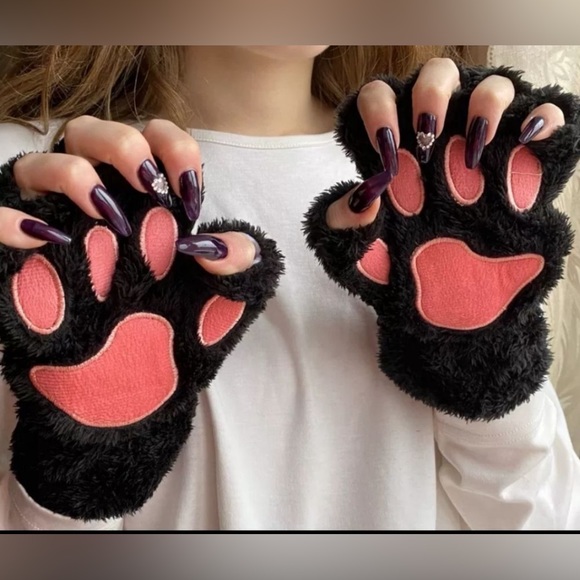 Accessories - Pink fluffy faux fur kitty paws fingerless gloves cosplay cat NEW